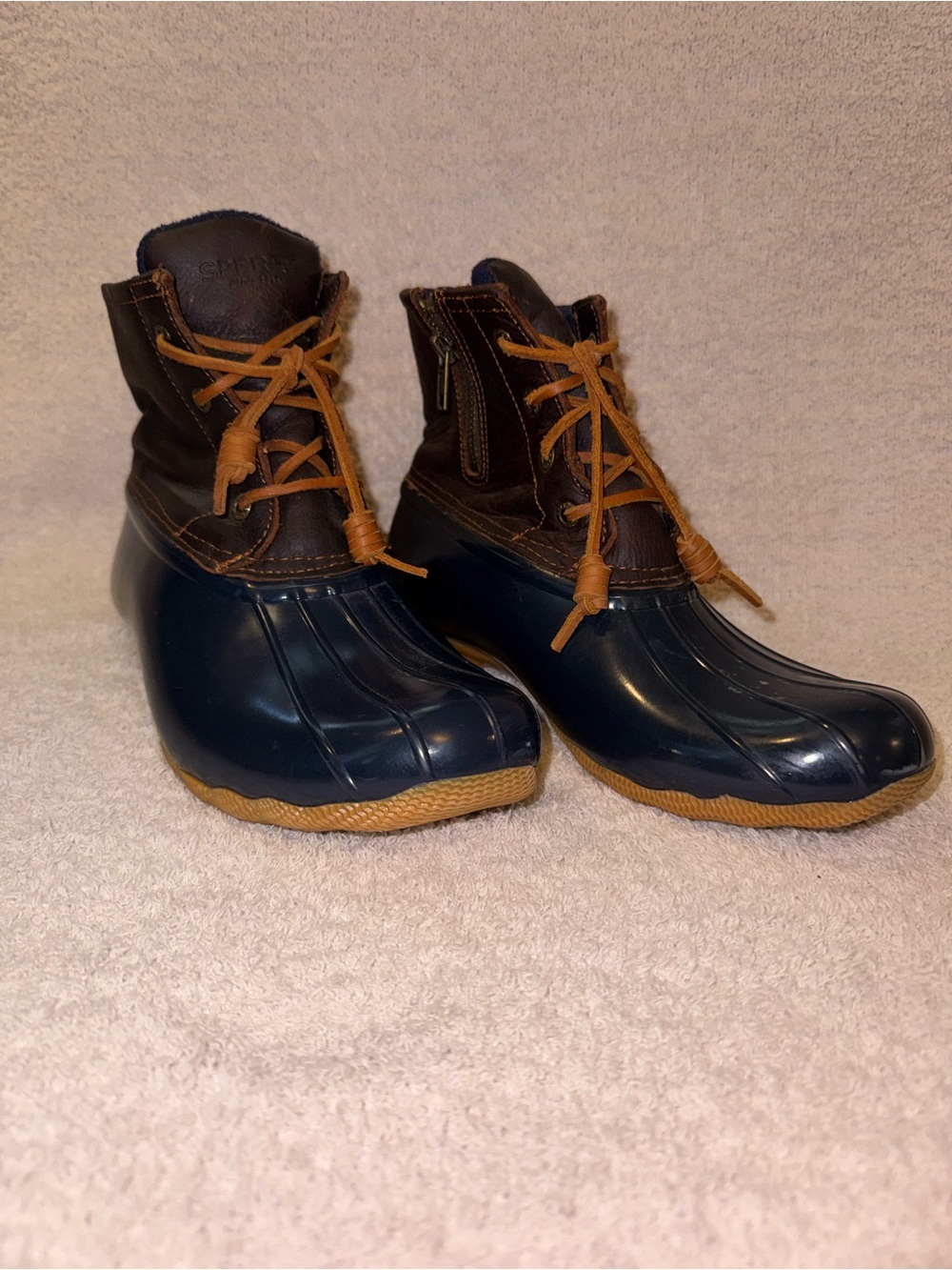 Sperry Brown Leather & Navy Duck Boots with Tan Laces